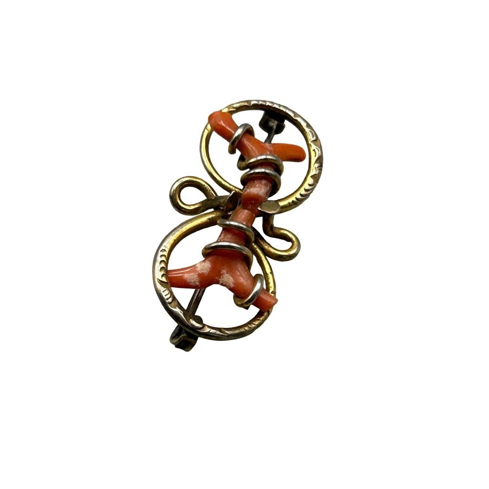 Victorian Antique Coral Pin Brooch Gold Filled Wire Wrapped Design Genuine Coral
